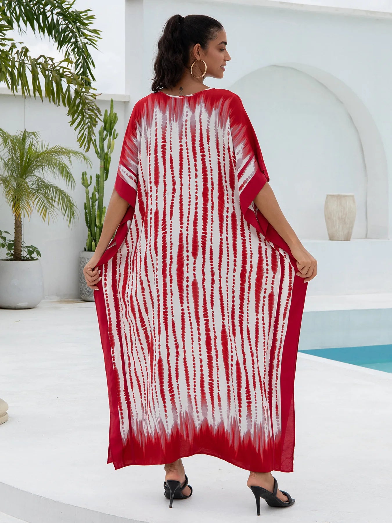 Red Stripe Women  Loose Fitting Long Robe Beach Vacation V-neck Sunscreen Clothing
