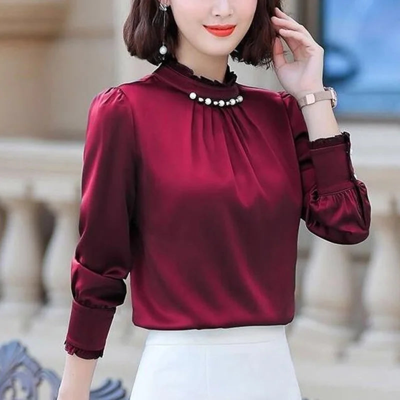 Chiffon Loose Long Sleeve Solid Color  Pleated Blouse