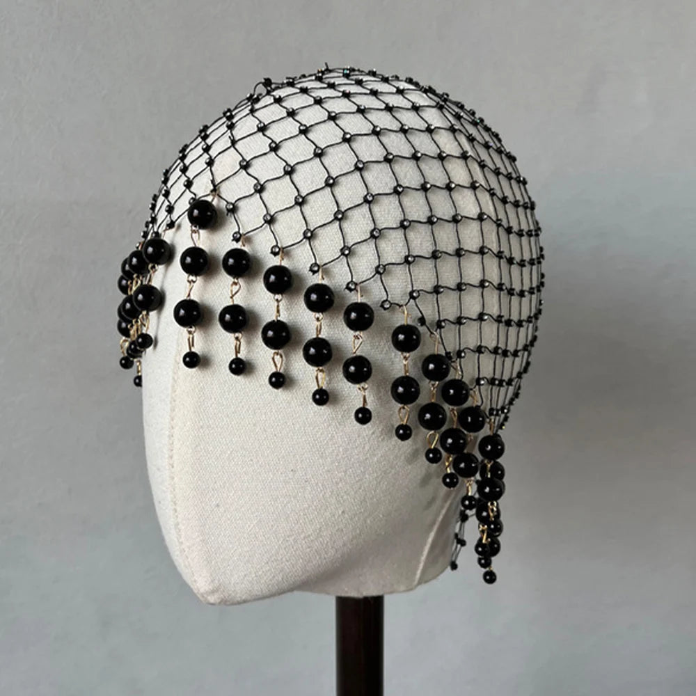 Pearl Tassel Hair Accessories  Handmade Hollowed Mesh  Head Cap