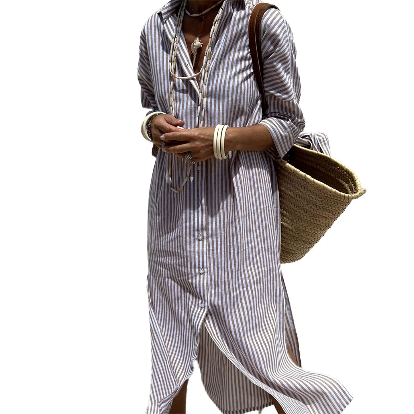 Casual V-Neck Short Sleeve Striped Button Up Midi Dress with Belt and Pockets