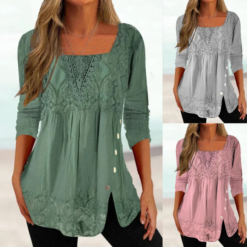 Vintage Elegant Blouse Square Collar Solid 3/4 Sleeve