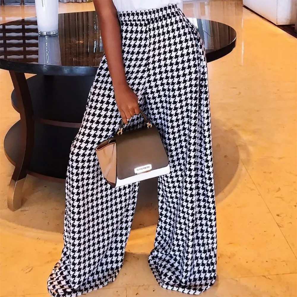 Trendy Clothing  Houndstooth Long Pants High Waisted Loose Wide Leg Woman Plaid Trousers