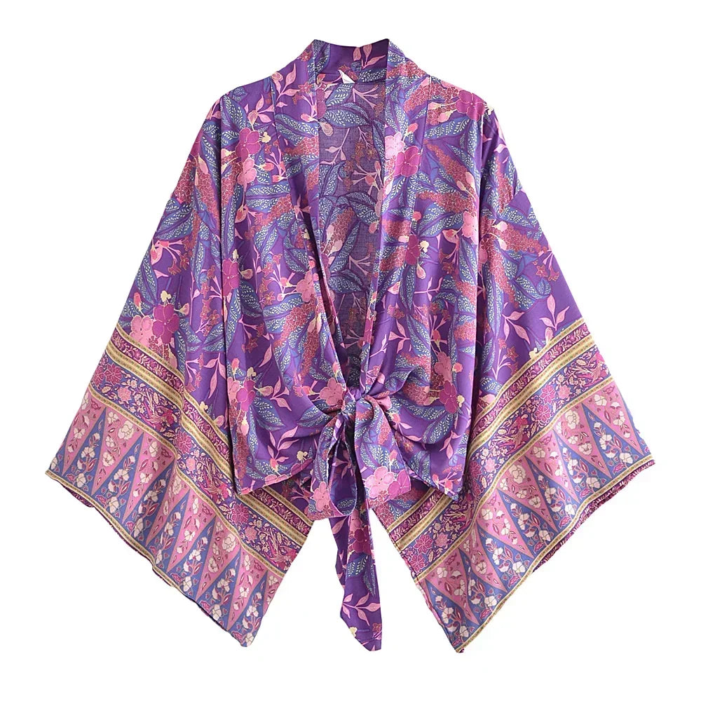 Hippie Queens Floral Print Sashes Short  Kimono Women Fashion V Neck Batwing Sleeves Lady Boho Bikini Cover-ups