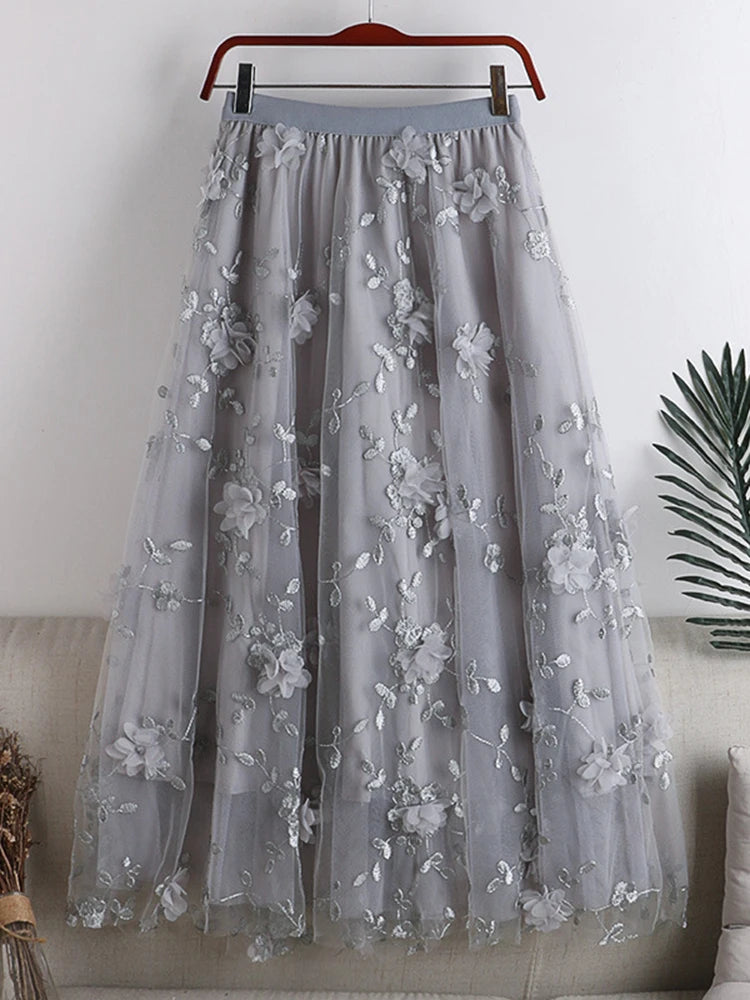 Embroidered Floral Spliced Mesh  High Waist A-line Skirt