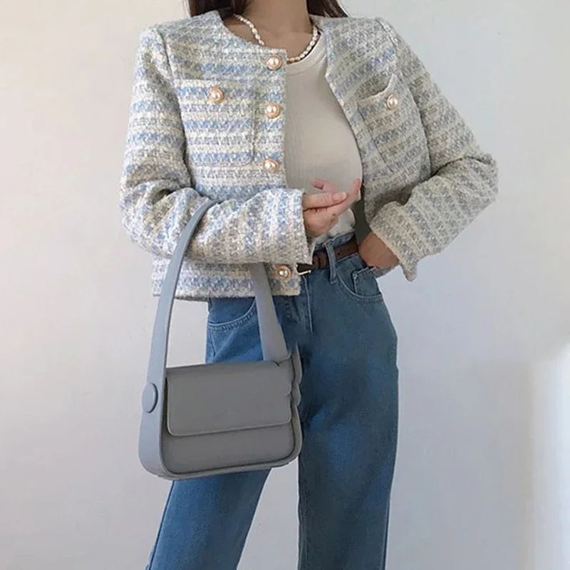 Women's Elegant Tweed Cardigan Short Coat With Pocket Single Breasted Jacket For Women Loose Outerwear
