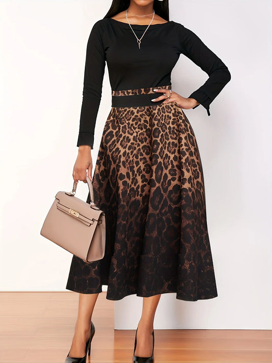 Leopard print Long Sleeve Dress Belted