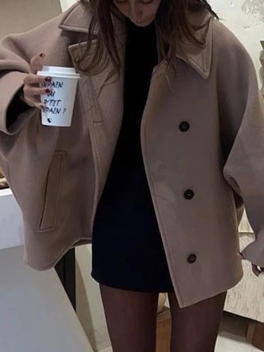 Winter Oversized Wool Jacket with Batwing Sleeves and Lapel Collar Button Closure Solid Color Loose Fit Coat