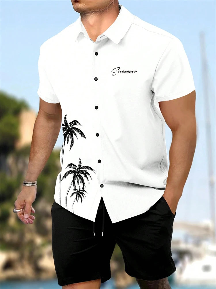 Summer  Men's Short Sleeve Shirt and Shorts 2 Piece Set Fashion Coconut Tree Print Lapel Shirt Beach Drawstring Shorts Set