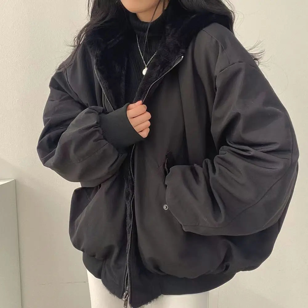 Casual Thicken Double Sided Jackets Coat Hooded Loose Zip Up Jackets Solid Simple Niche Versatile Coat