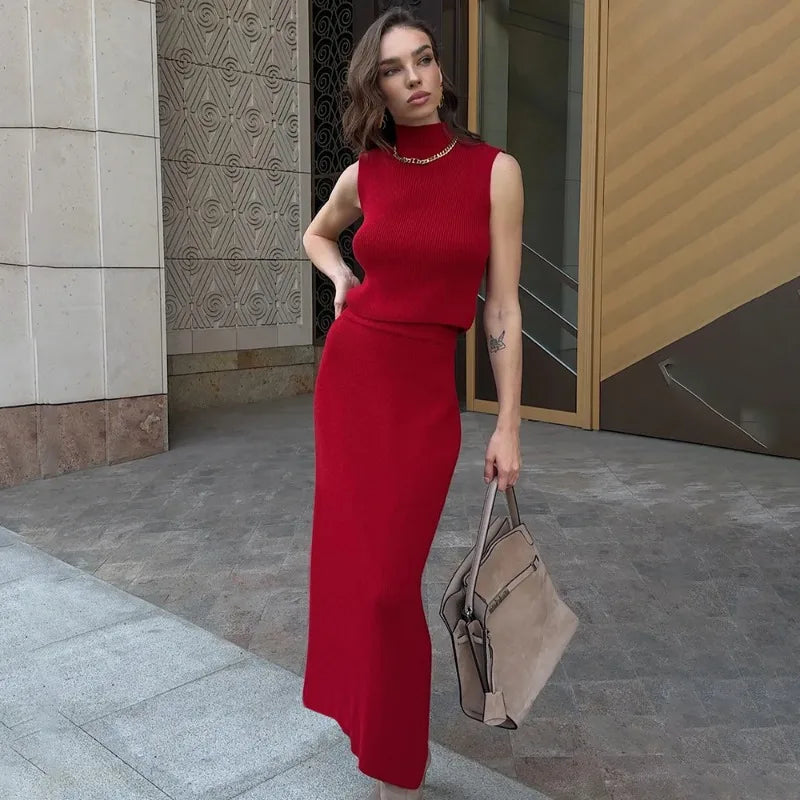 Elegant Long Skirt Two-piece Set Women's Sleeveless Knitted Turtleneck Vest and Skirt Set