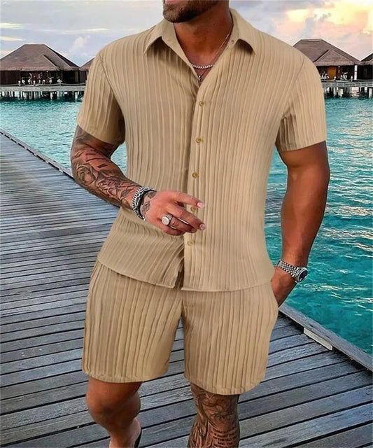 Men's Solid Color Loose Short Sleeve Shorts Suit Sports  Fitness Casual Top Beach Shorts Men's Suit Summer Fashion Trend