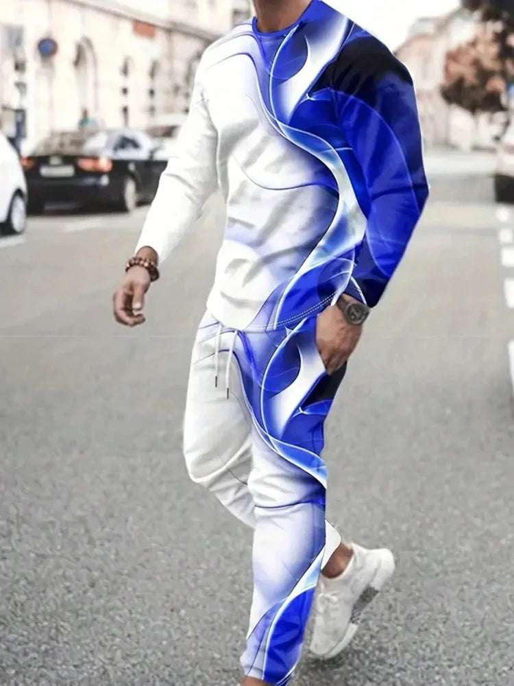 Simple Geometric Print Men's Fall Fashion Casual Crew-neck Tops And Pants Urban Street Fashion Trends Men's Tops And Long Styles