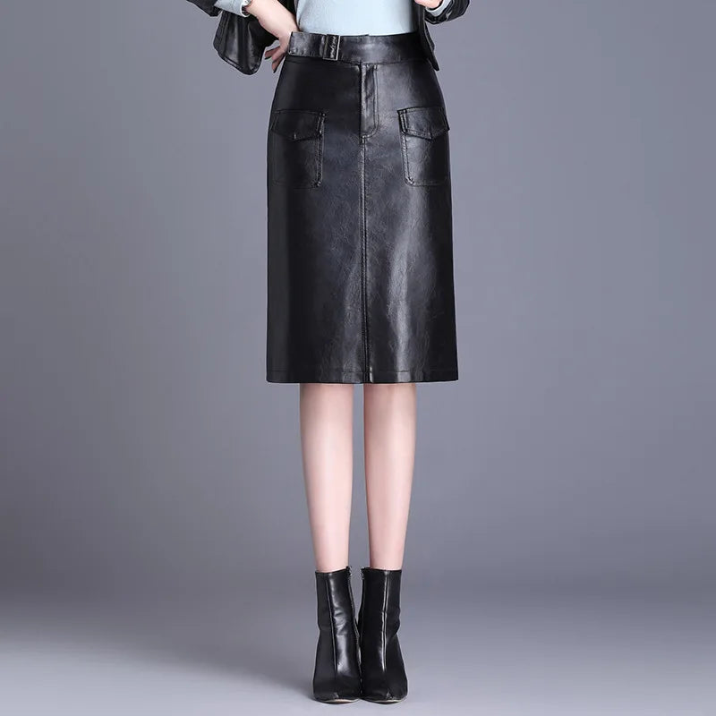Knee Length  Leather Skirt
