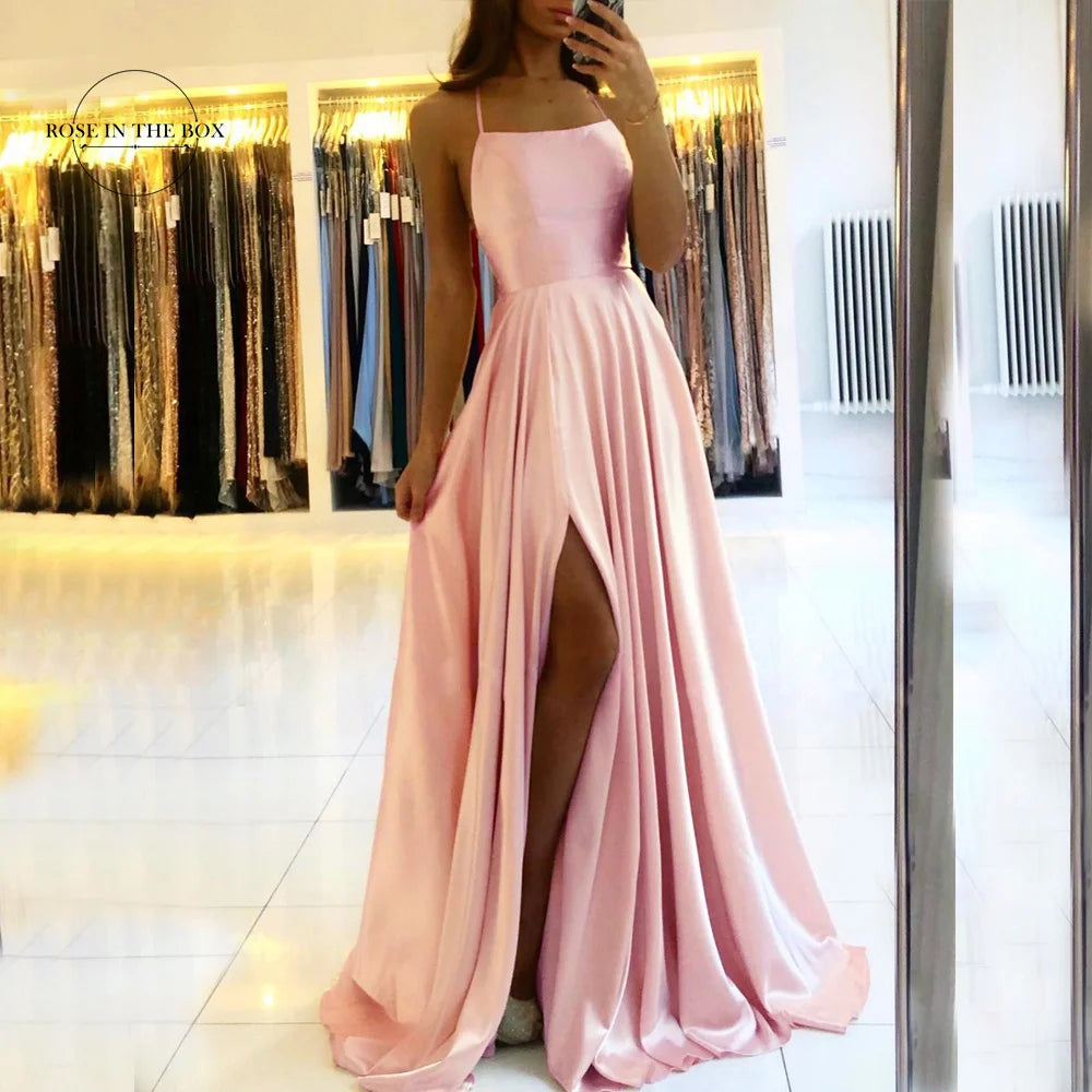 Elegant Dusty Green Long Prom Dress Sexy Backless Side Slit Halter Satin Evening Party Gowns