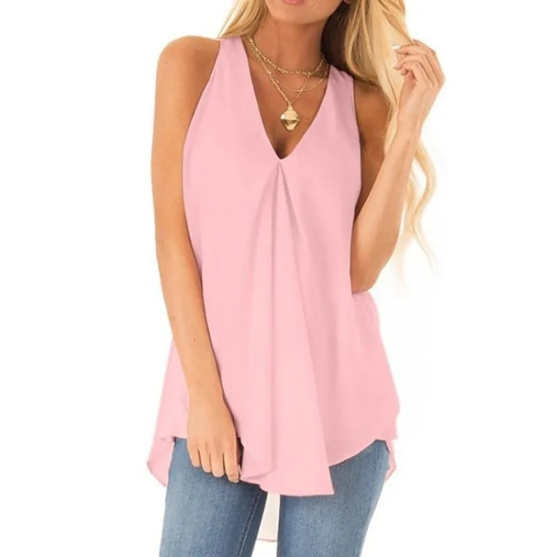 White Chiffon Blouse Ruffle Sleeveless Pullover