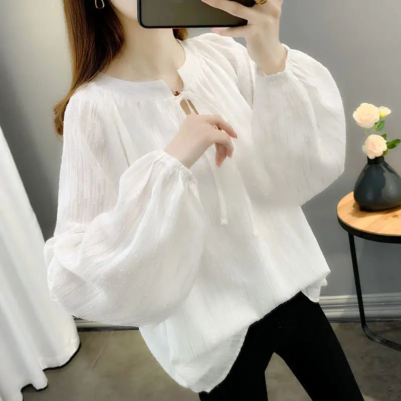 Stylish Solid Color O-Neck All-match Lace Up Chiffon Blouse