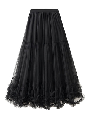 Women’s Tulle Long Skirts Elastic High Waist Ruffle Hem Fluffy A-line Midi Skirts