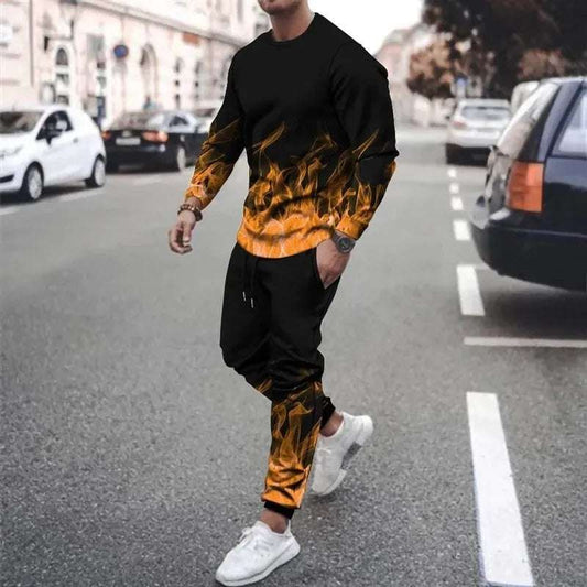 Men's 3D printed sweatshirt set Colorful Flame cap sweatshirt Sweatshirt sweatpants crew neck sportswear