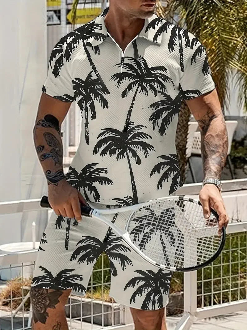Zipper POLO Shirt Shorts Set Summer Fashion Casual Men's Sports Set 3D Printed Simple Style Lapel Zipper POLO Shirt 2 Sets