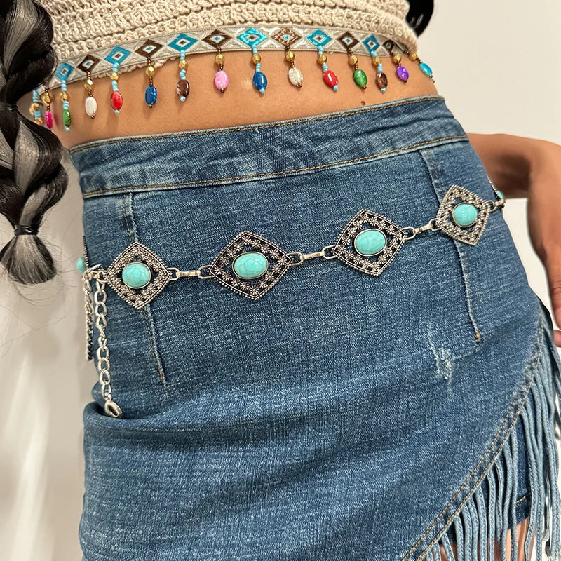 Fashion Silver Bohemian female circular waist chain luxury turquoise gemstone Ellipse chain belts for women