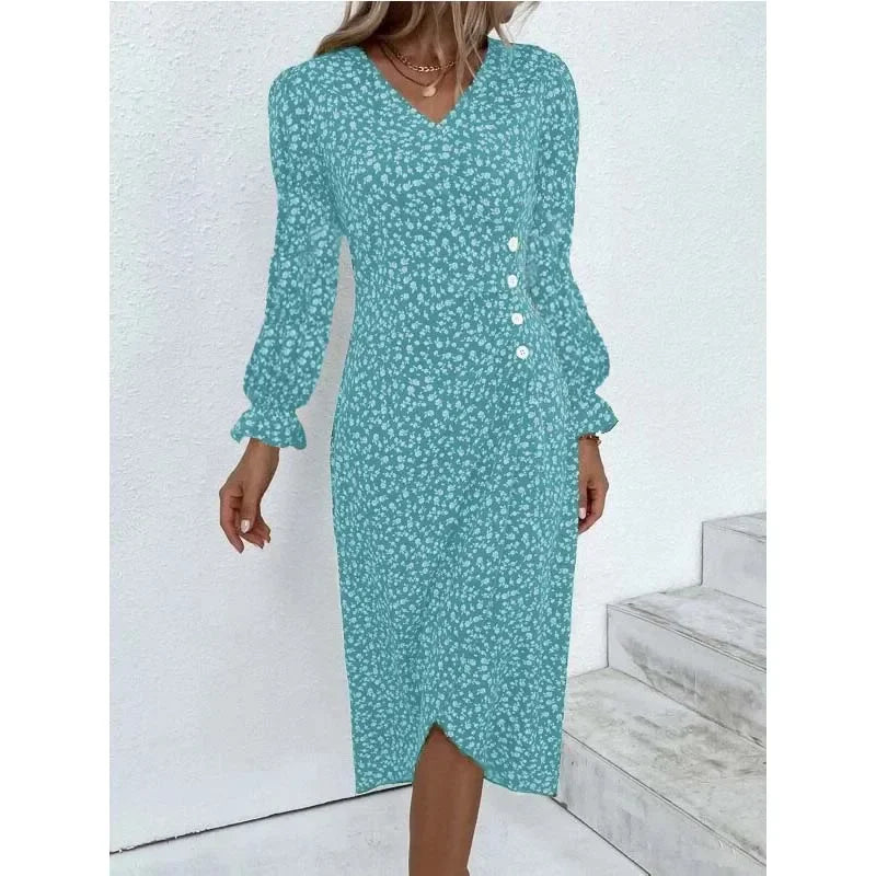 Elegant Floral Pleated H shaped Midi Dress Female V Neck Puff Sleeve Waist Ruched Button Dresses Women Summer Dress