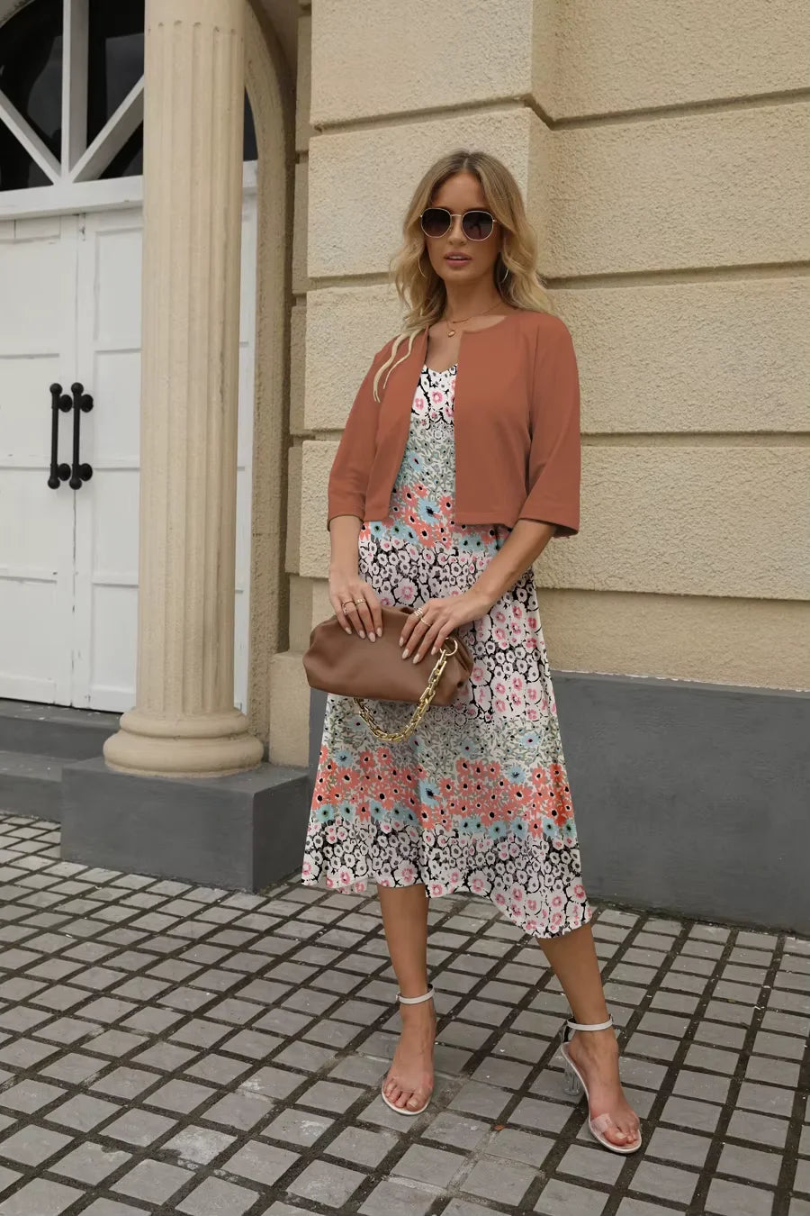 Europe and United States women's dress two-piece floral print dress leisure holiday women's wear Crop jacket