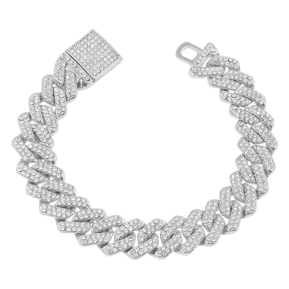 14MM 2 Row Rhinestone Paved Miami Rhombus Cuban Chain Men Women Prong Cuban Link Chain Bracelet Iced Out men Jewelry