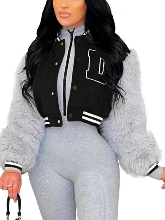 Women Faux Fur Sleeve Cropped Baseball Jacket Casual Letterman Coat