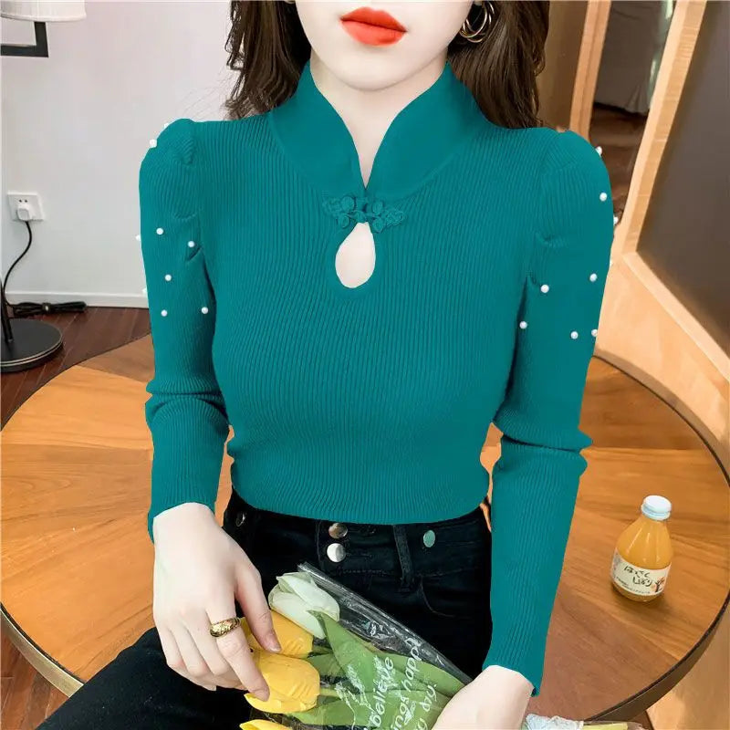 Button Beading Hollow Out Puff Sleeve Shirts