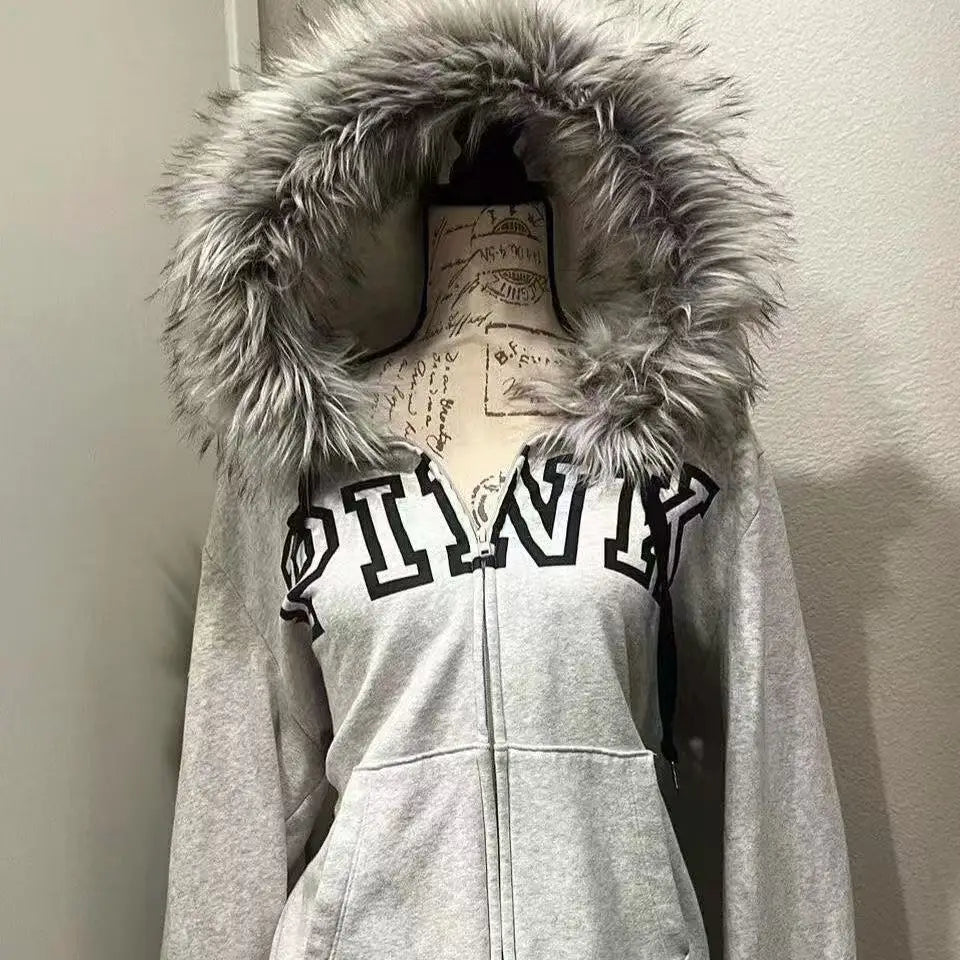 Faux Fur Collar Hoodies  Zip Up Hoodies Streetwear Jackets