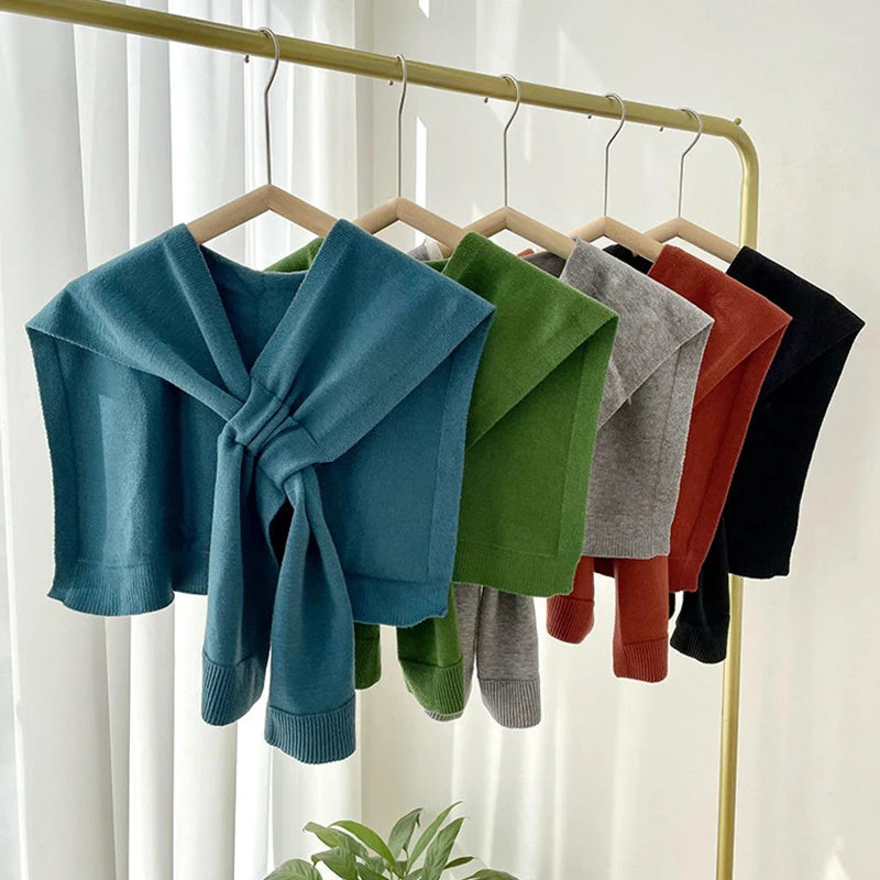 Neck Guard Scarf Solid Color Woman's Knitted Warm Shawl Winter Wool  Shoulders Fake Collar Cape Knotted Scarf