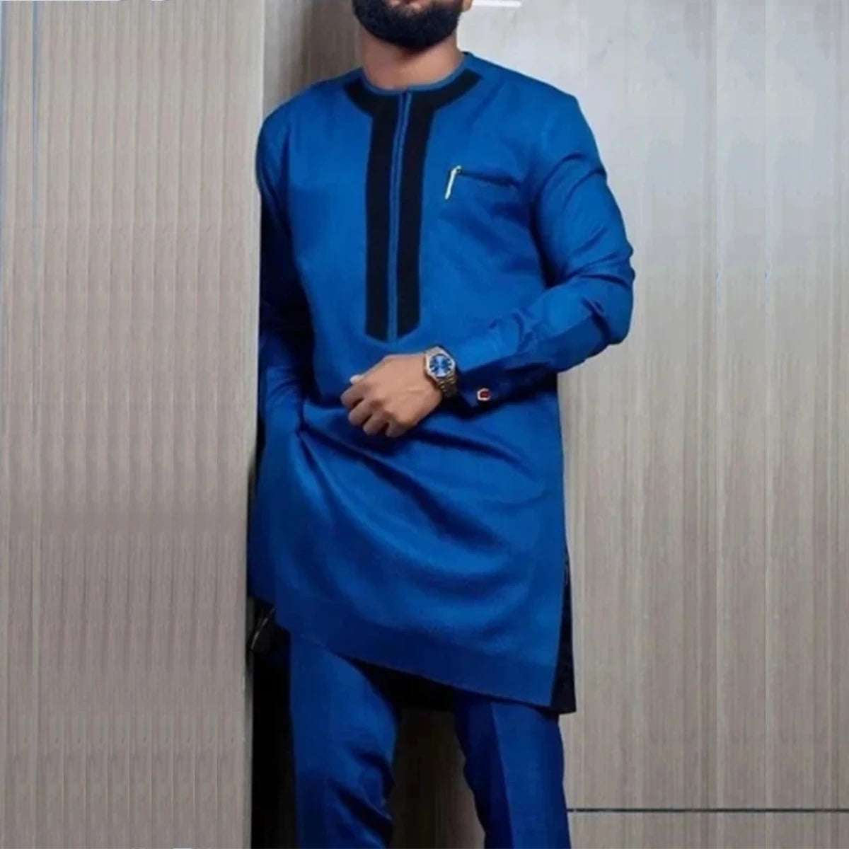 Men's  Wedding 2-Piece Suit Waist Pants Shirt Solid Color Panel Long Sleeve Party African Ethnic Style Clothing