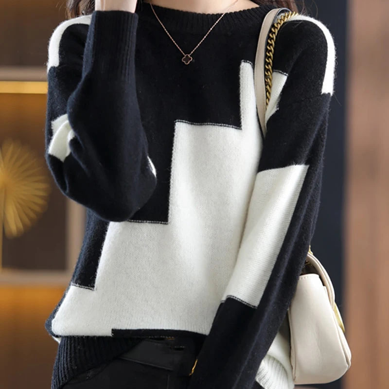 Women Patchwork Knit Warm Sweater Cashmere Long Sleeve Thermal Pullovers O-Neck Casual Loose Sweater Women Autumn Winter