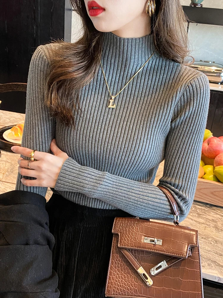Elegant Solid Basic Knitted Tops Women Mock Turtleneck Sweater Long Sleeve Casual Pullover Simple Chic Clothes
