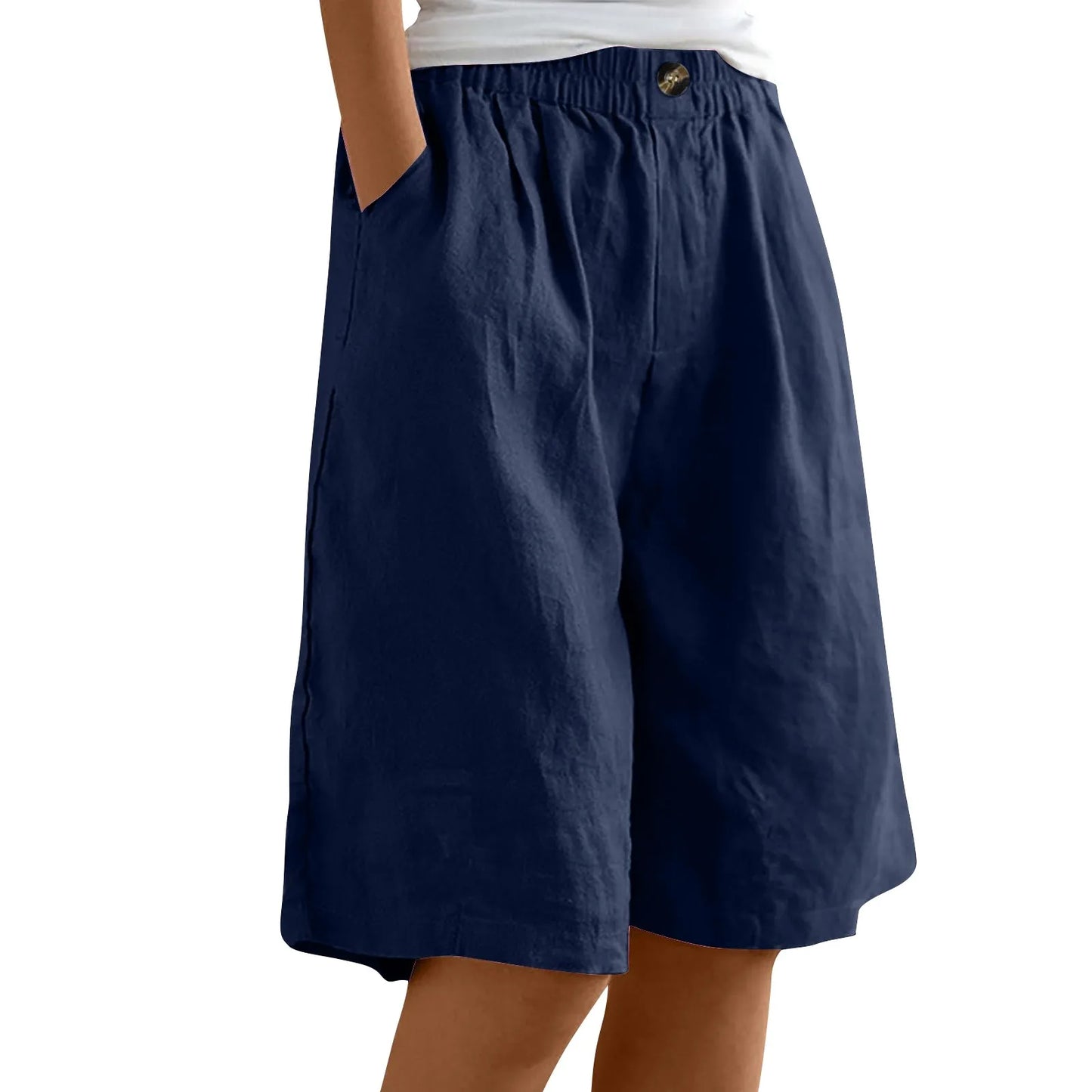 Women's Fashion Solid Color Shorts Pocket Button Up Capris Loose Elastic Waist Cotton Linen Shorts