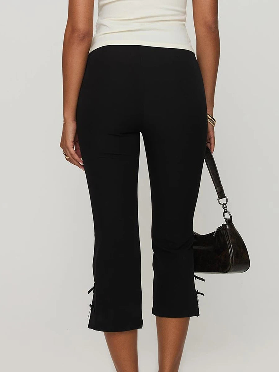 Women High Waist Capri style Pants Solid Color Elastic Waist Split hem Casual Trousers Summer Beach Pants