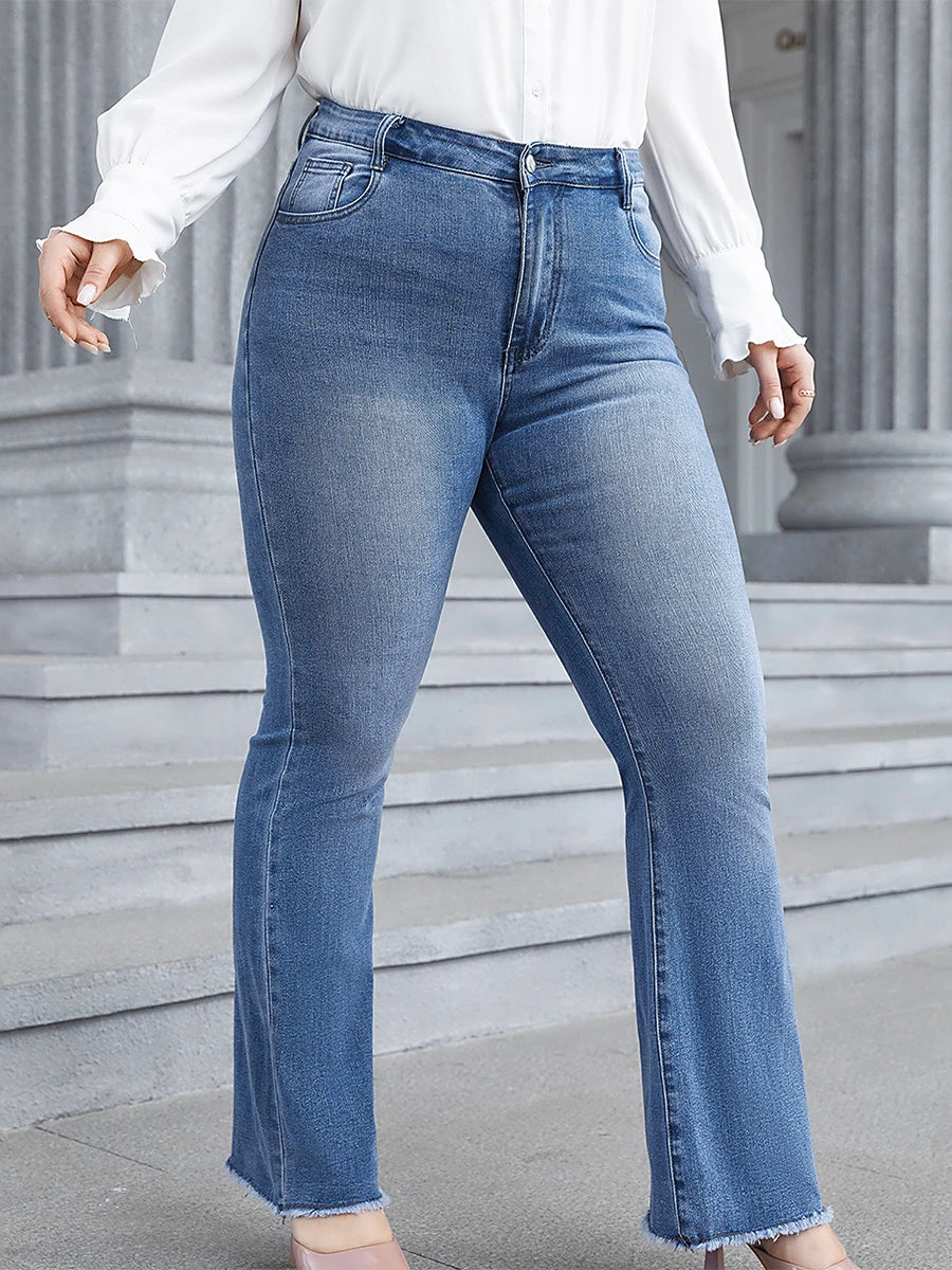 Women s Plus Size High Waist Flared Jeans with Frayed Hemline Mid-Rise Denim for Spring and Fall