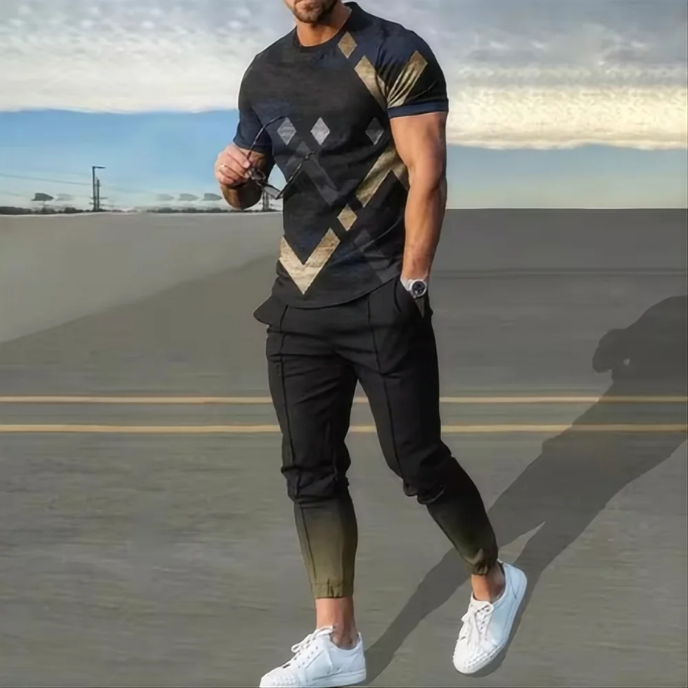 Summer fashion men's T-shirt suit sportswear 3D printed sportswear short sleeved T-shirt long pants street wear 2-piece set