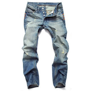 Fashion Button Fly Ripped Nostalgic Jeans Trousers Straight Slim Fit Cotton High Quality Casual Denim Pants