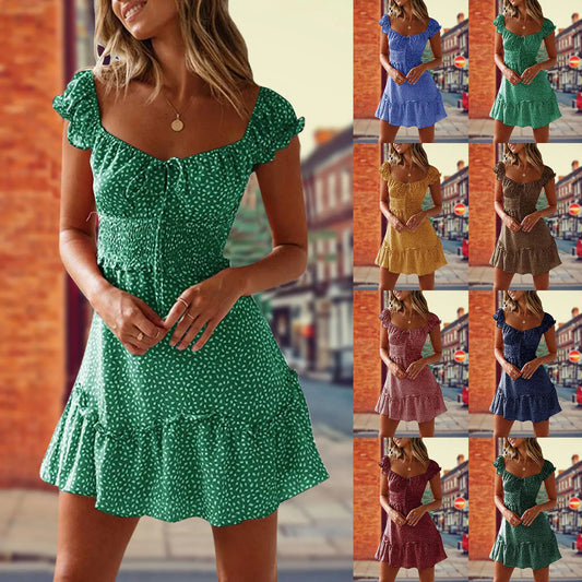Vintage Casual Short Sleeve Bohemian Beach Dress Women's Sundress Summer Sexy Green Floral Print