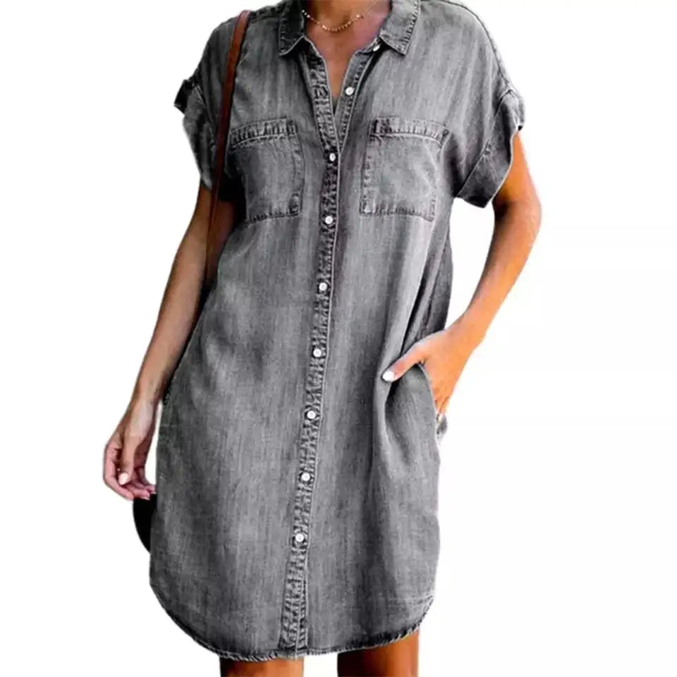Single Breasted Denim Shirt Dress Women's Casual Loose Pocket Simple Retro Commuter Female Office Denim