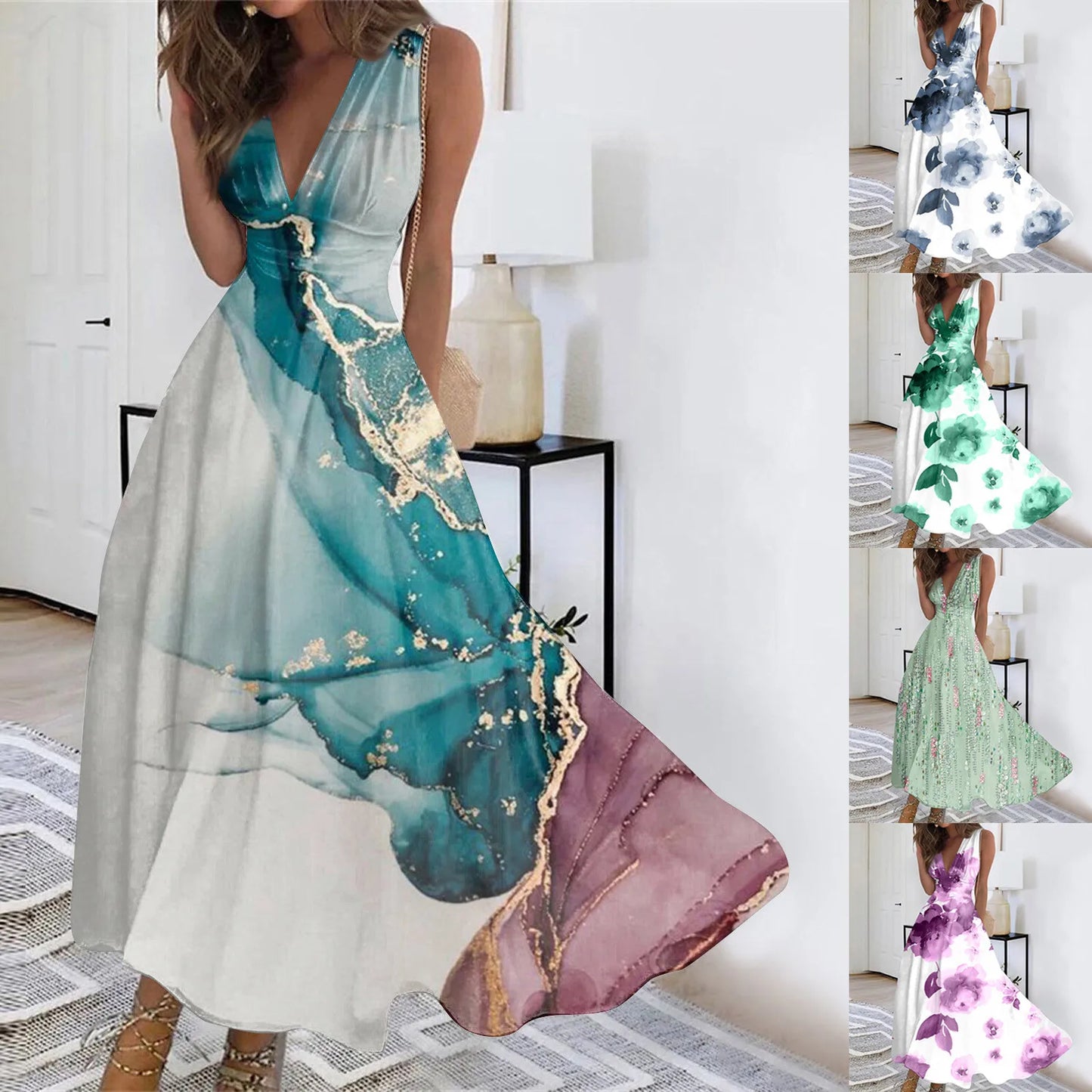 Elegant Maxi Long Dress Women Casual Bohemian Sleeveless Dresses Summer V-Neck Beach Sundress Swing Party Gowns