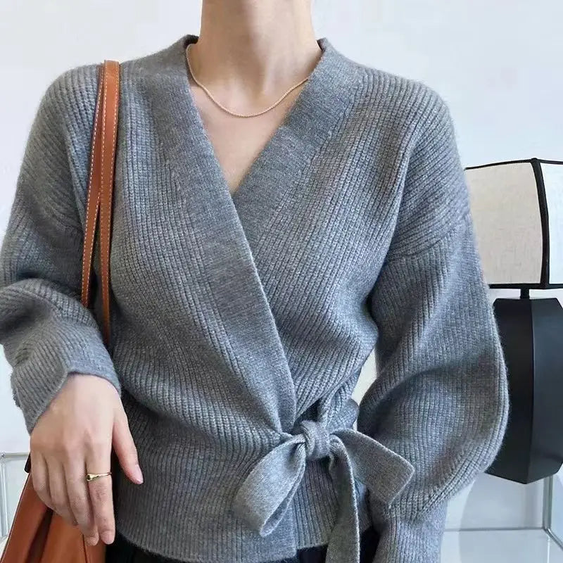 Bow Tie V-Neck Knit Women's Short High Waist Cardigan Sweater Coat Overlay Design Sense Top