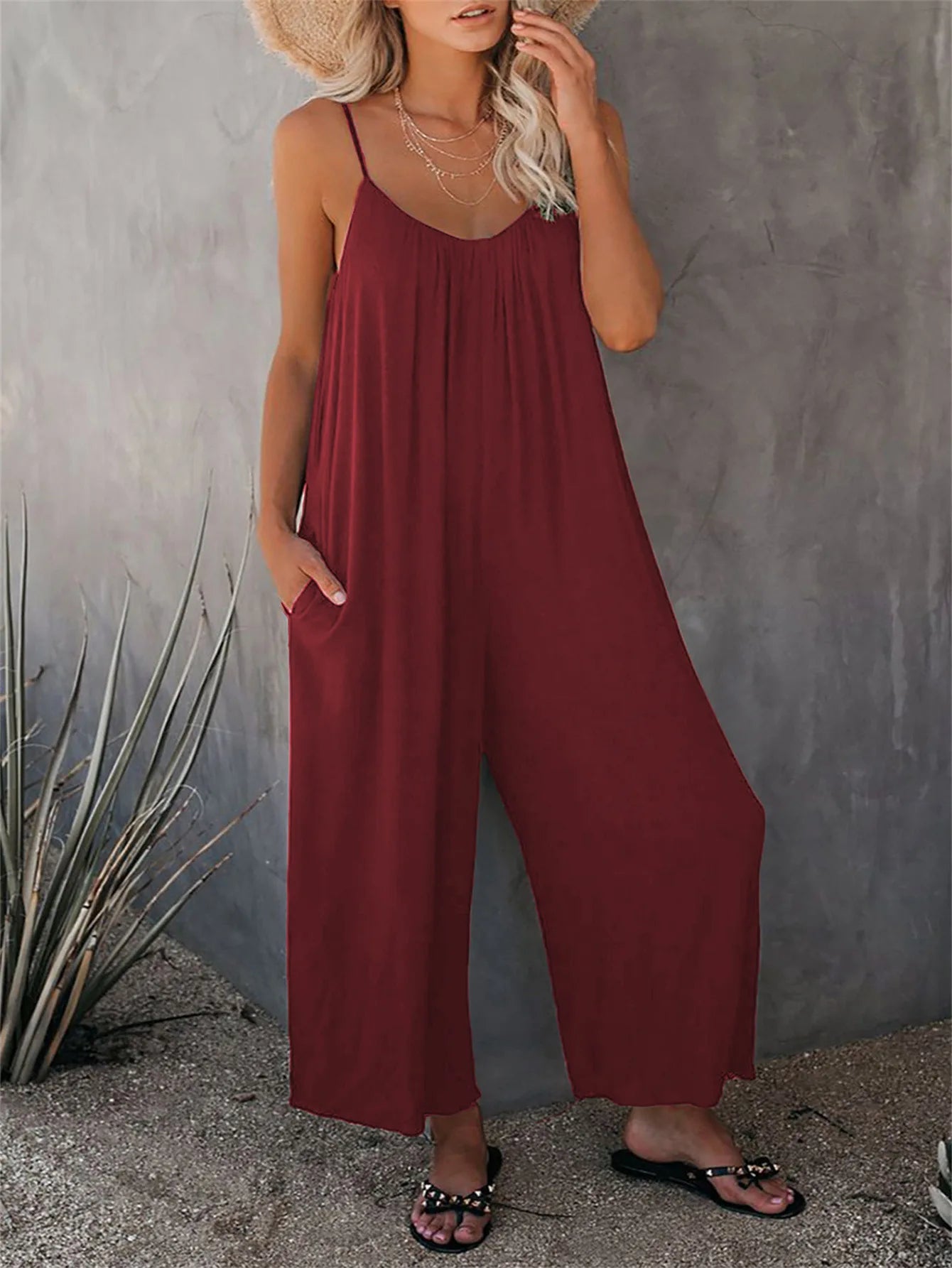 European and American Suspender  Women's Summer Foreign Trade Solid Color Pocket Casual Jumpsuit