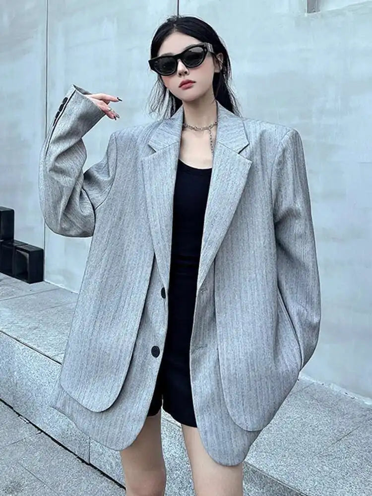 Women Gray Fake Two Pieces Big Size Blazer Lapel Long Sleeve Shoulder Pad Jacket Fashion