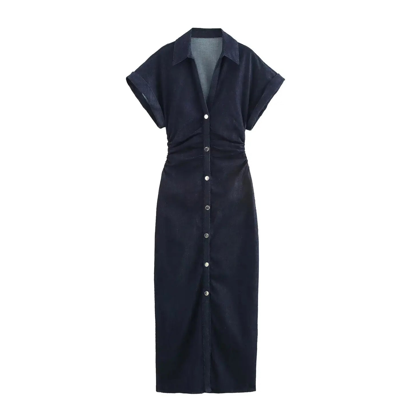 Spring 1975 series denim MIDI dress with lapel side zipper fashion wrinkle waist slim elegant dress
