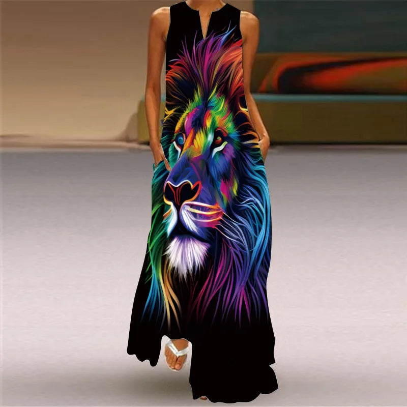 Vintage Print Maxi Dress For Women Summer Loose Sleeveless Long Dresses Elegant Lady V Neck Pocket Boho Beach Sundress Vestidos