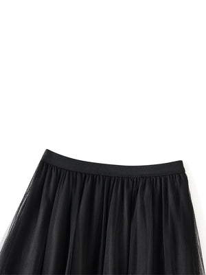 Women’s Tulle Long Skirts Elastic High Waist Ruffle Hem Fluffy A-line Midi Skirts