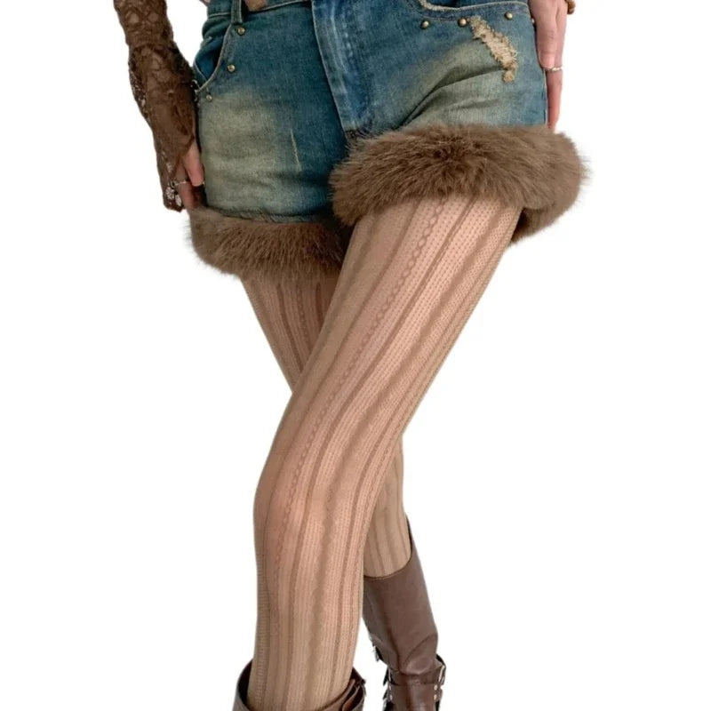 Women Vintage Solid Fishnet Lace Pattern Tights Stockings Hollowed Rhombus Striped Geometric Jacquard Pantyhose Leggings