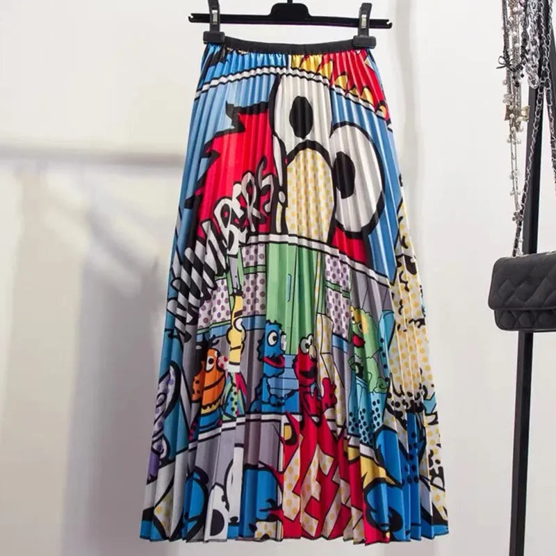 Cartoon Print Pleated  Long Skirt High Waist A-Line